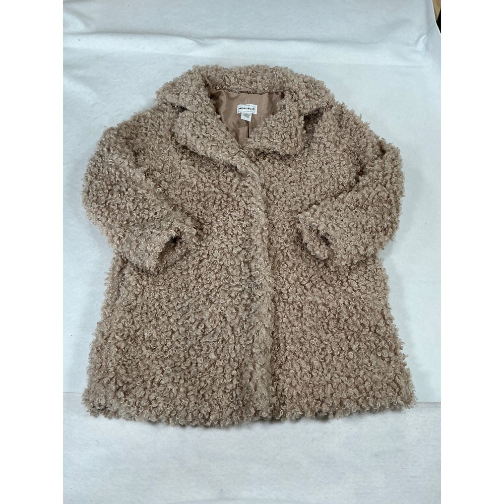 For The Republic Womens Tan Faux Fur Teddy Coat Beige Sherpa Mid Length Large
